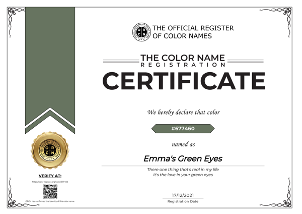 Example: Color Name Registration Certificate for Emma's Green Eyes (#677460)